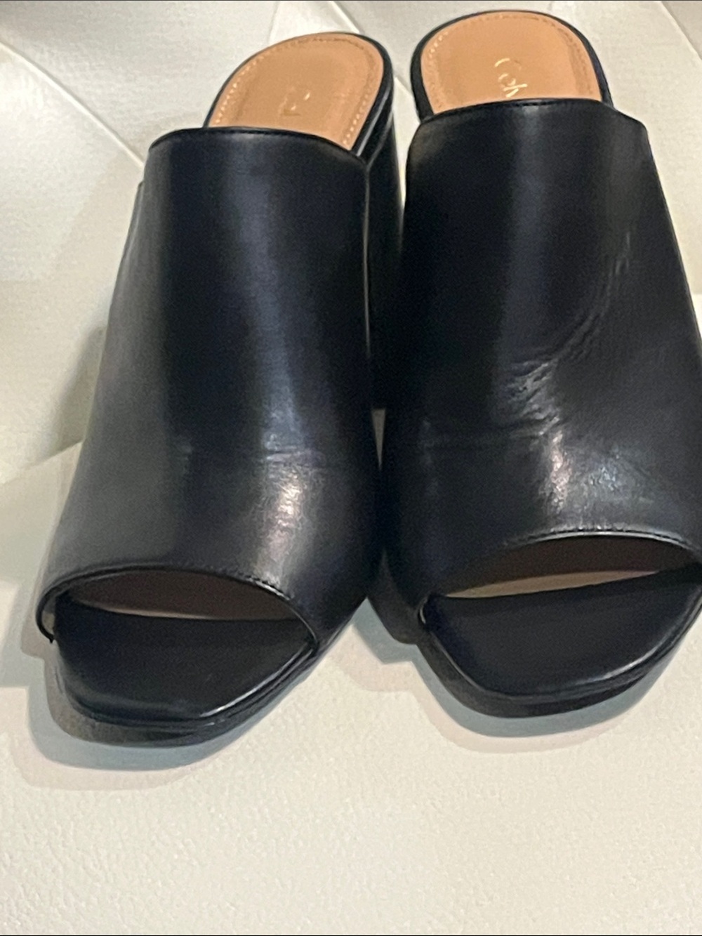Calvin Klein Black Leather Open-Peep Block Heel Mules - Picture 9 of 14